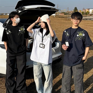 万针全刺绣工艺抖音得物高品质260克重磅纯棉双纱美式高街短袖T恤