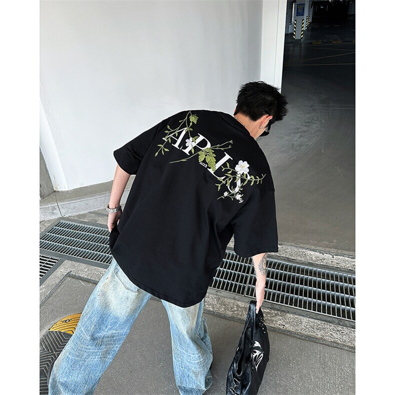 美式高街刺绣花卉短袖t恤男女夏季宽松刺绣字母情侣上衣T5083-P43,男装T恤,星座308B-1