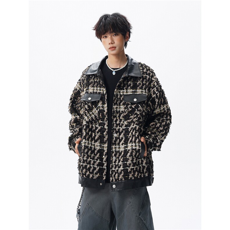 复古拼接小香风外套春秋大码高级感痞帅上衣pu皮衣夹克JK5209/P95，男装皮衣，电商B238