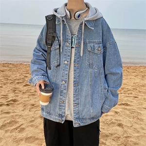 假两件牛仔外套男春秋新款宽松痞帅韩版夹克休闲帅气潮牌连帽上衣图片