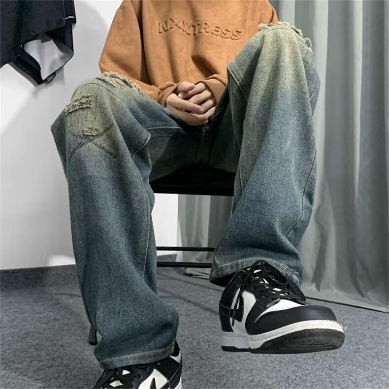 新款美式破洞牛仔裤男宽松直筒高街刺绣补丁阔腿长裤子N3490-p46,男装牛仔裤,星座1008