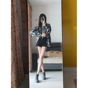 V3211HH-P38 美式复古cleanfit藏青色格子衬衫男美式衬衣外套春季图片