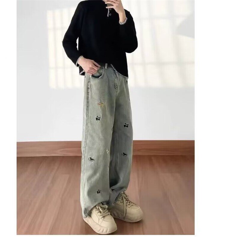 趣味小狗刺绣牛仔裤女潮牌美式复古水洗做旧显瘦高腰直筒百搭裤子,女装休闲裤,星座506A