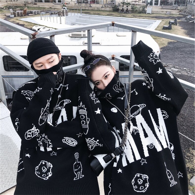 满印宇宙太空外星人秋冬高领毛衣韩版宽松情侣针织衫T010-P75,男装针织衫/毛衣,星座1501