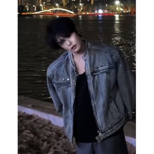 秋季美式高街短款牛仔外套男秋季拉链立领垫肩牛仔衣夹克JJ11 P75图片