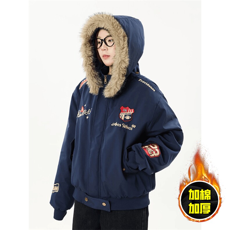 现货高品质美式高街重磅刺绣座山雕大毛毛领棉衣男女加厚棉服外套，男装棉衣，电商A443