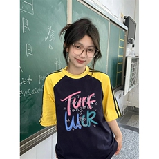 夏季美式高街重磅纯棉三条杠织带插肩撞色男女短袖T恤CZ127-特P25，男装T恤，电商A486