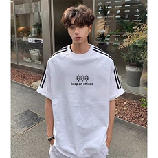 抖音得物高品质二开240克宽松纯棉美式潮牌三条杠织带短袖T恤，男装T恤，电商A486