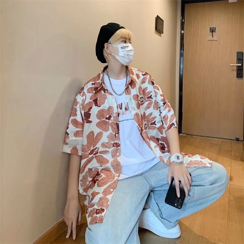 花衬衫男短袖夏季潮港风设计感小众宽松潮牌休闲五分袖衬衣,男装衬衫,星座1013