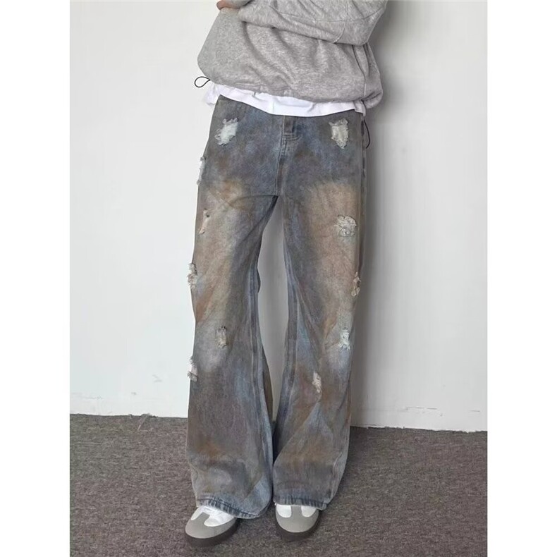美式复古dirtyfit废土色牛仔裤男款潮流百搭水洗做旧宽松直筒长裤,男装牛仔裤,星座516A