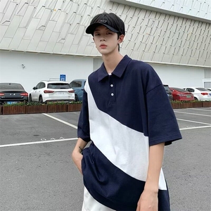 日系复古潮牌拼接POLO衫男短袖夏季2025年新款宽松青少年上衣潮，男装Polo衫，星座506