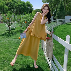 黄色度假浪漫风套装裙女2025夏季甜美气质木耳边背心半身裙两件套，女装套装/套裙，浙宝220
