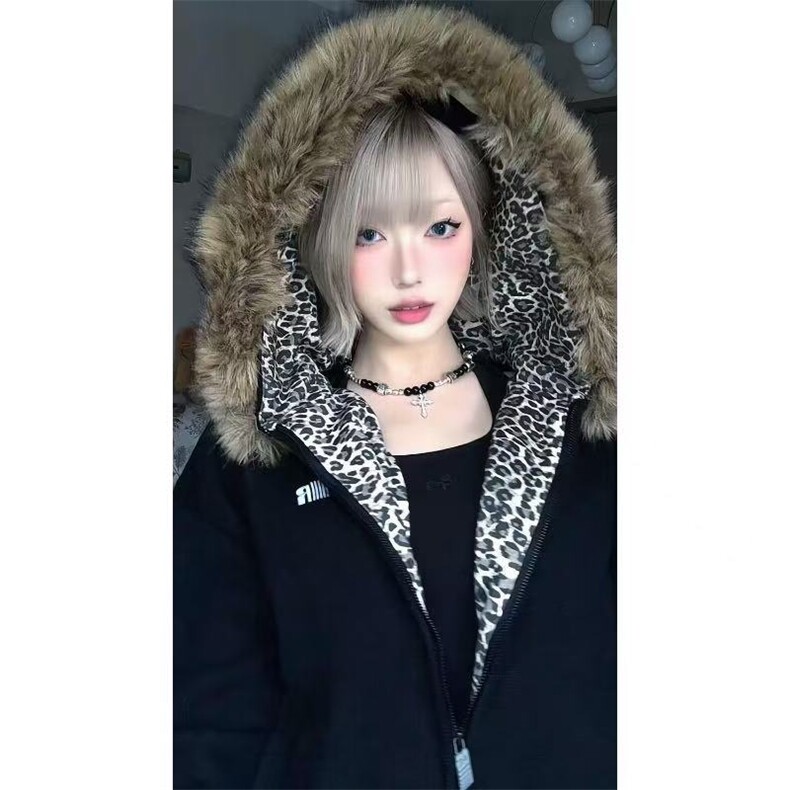 美式高级毛领蓬松连帽卫衣男女2025秋冬宽松加绒加厚拉链外套,女装短外套,四季星座505