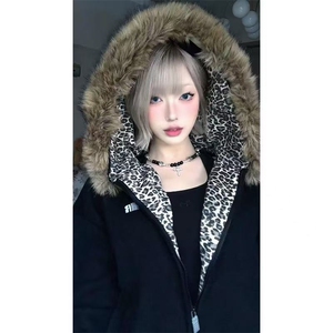 美式高级毛领蓬松连帽卫衣男女2025秋冬宽松加绒加厚拉链外套图片