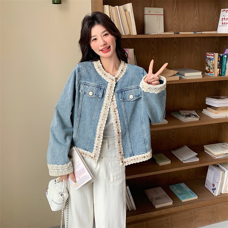蕾丝花边拼接牛仔外套女春秋2025新款小香风减龄上衣独特漂亮百搭,女装短外套,2C218