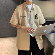 港风夏季韩版宽松翻领短袖字母印花衬衫男多色S6201P35控48，男装T恤，电商A268A