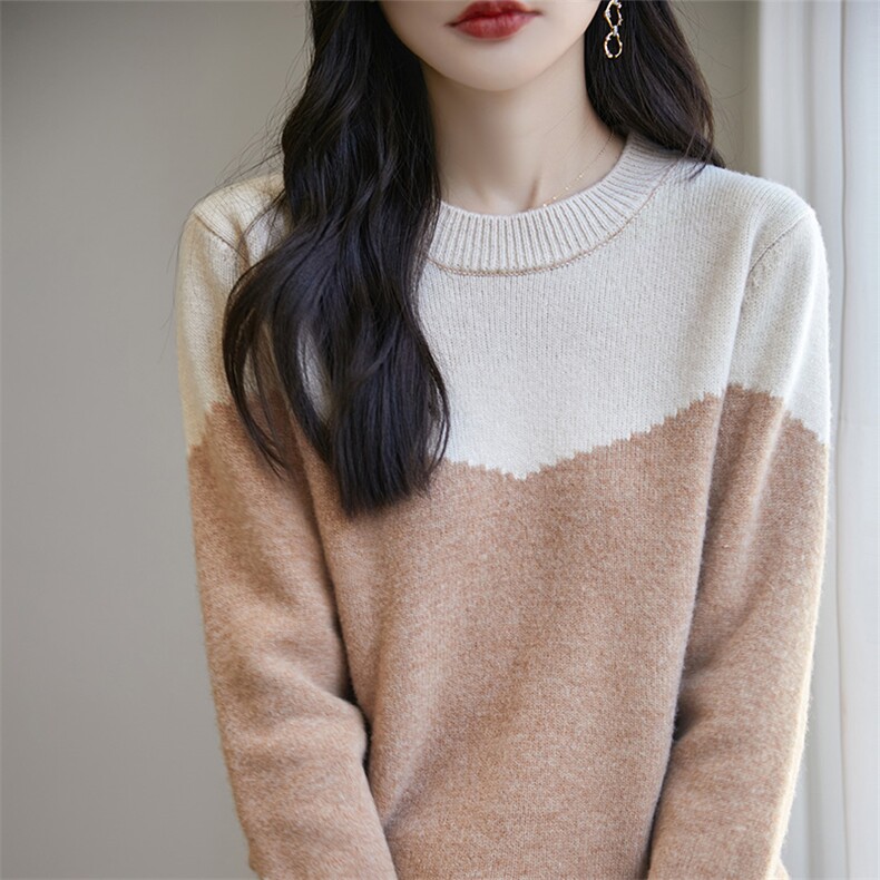 时尚拼色羊毛衫显瘦修身温暖舒适秋冬，女装羊毛衫，宏杨羊绒