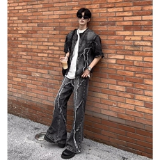 2025美式新款小众扎染水洗做旧牛仔毛边拼接微喇牛仔裤毛边，男装牛仔裤，星座506A