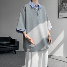 8XL-M假两件衬衫领短袖T恤大码夏季条纹拼接polo衫半袖DX1211/P45，男装T恤，电商B238
