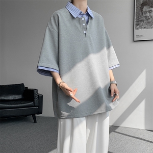 8XL-M假两件衬衫领短袖T恤大码夏季条纹拼接polo衫半袖DX1211/P45图片
