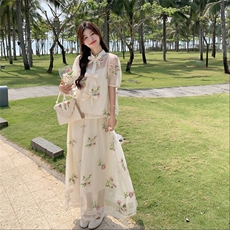 新中式国风套装女夏法式别致碎花上衣半身裙两件套气质穿搭一整套，女装套装/套裙，2C230