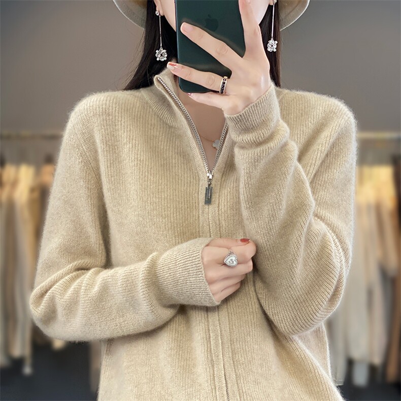 23秋冬新款立领针织拉链开衫外套女宽松时尚羊毛衫百搭毛衣,女装羊毛衫,蒙莲贝斯