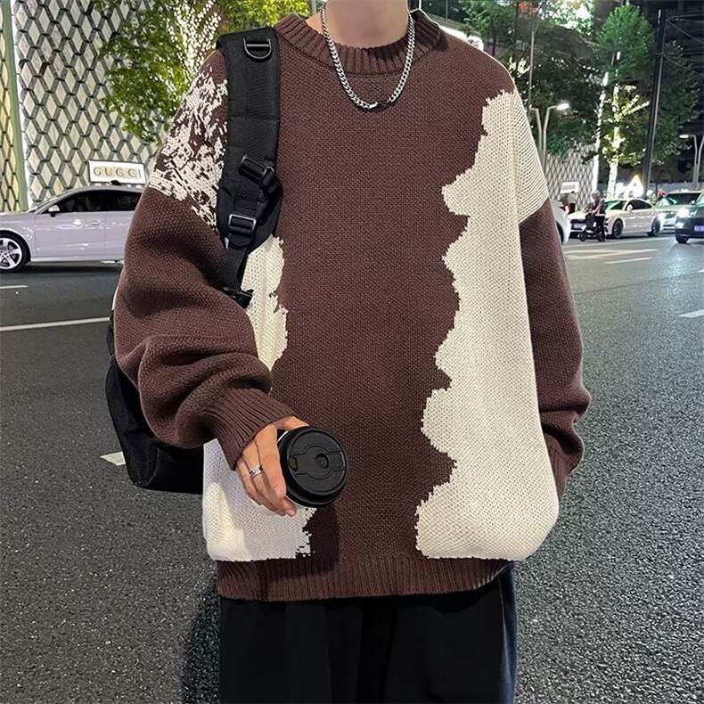 B87-P402024秋季拼色圆领毛衣男美式复古潮牌宽松休,男装针织衫/毛衣,星座512-6