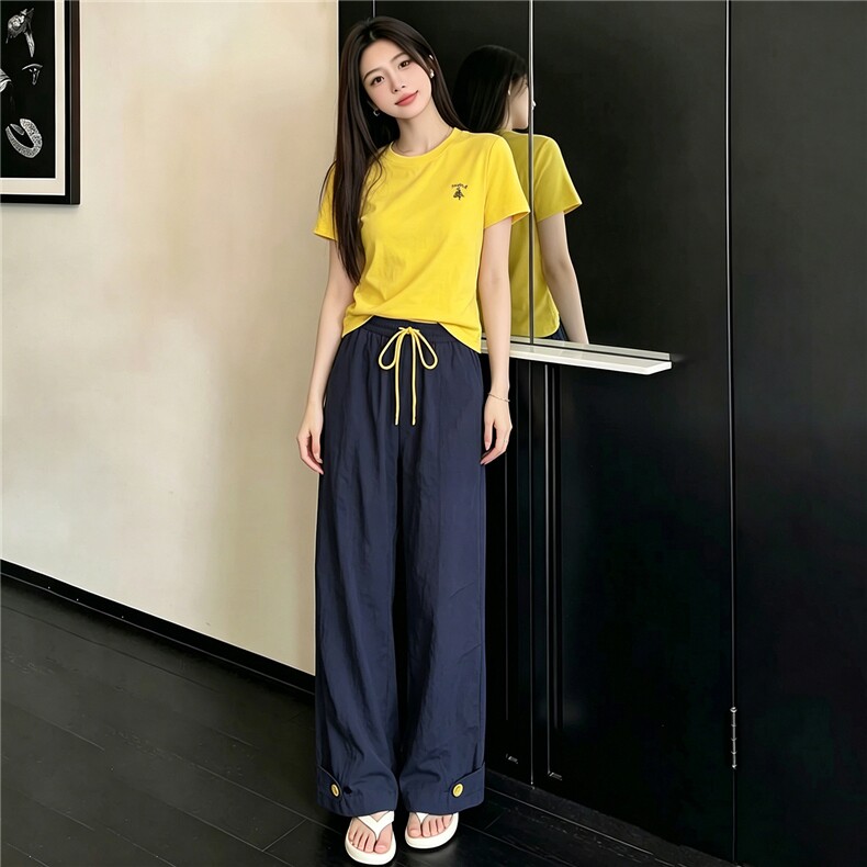 女夏季新款韩版时尚休闲套装修身圆领黄色短袖上衣阔腿长裤两件套,女装套装/套裙,江南