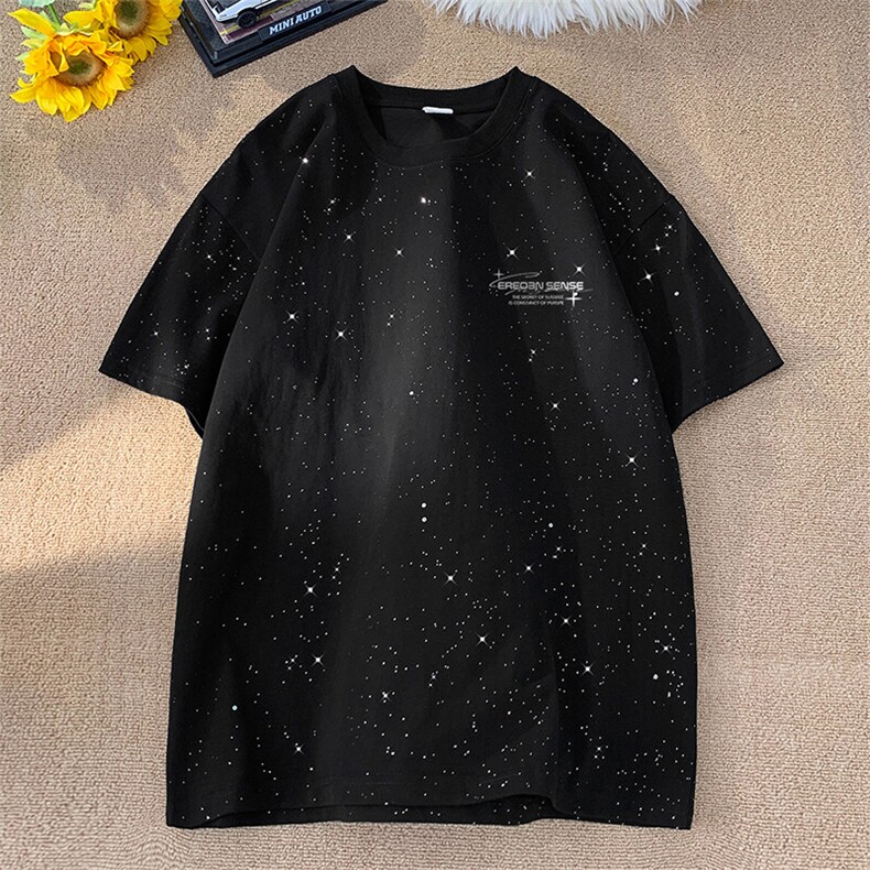 可48小时发货支持抖音得物来样二开美式满天星亮片短袖T恤MTX633,男装T恤,电商A486