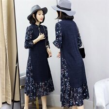 植绒印花拼接长裤长袖2020年冬季圆领花色连衣裙，女装连衣裙，安之芮娜