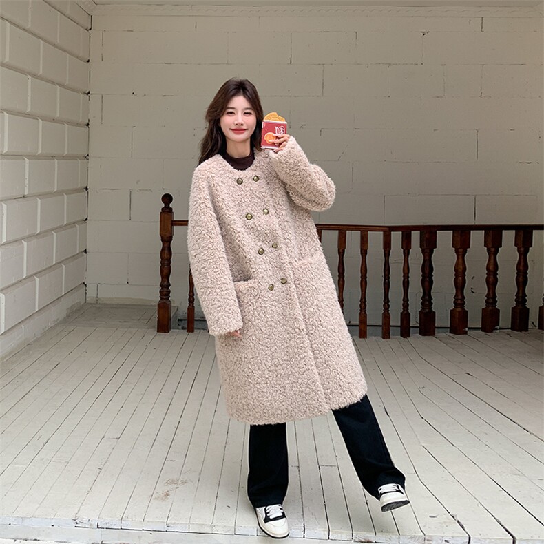 韩版气质波斯羊羔毛外套女2025冬季新款显瘦保暖长款皮毛一体大衣,女装毛呢外套,纯色衣恋