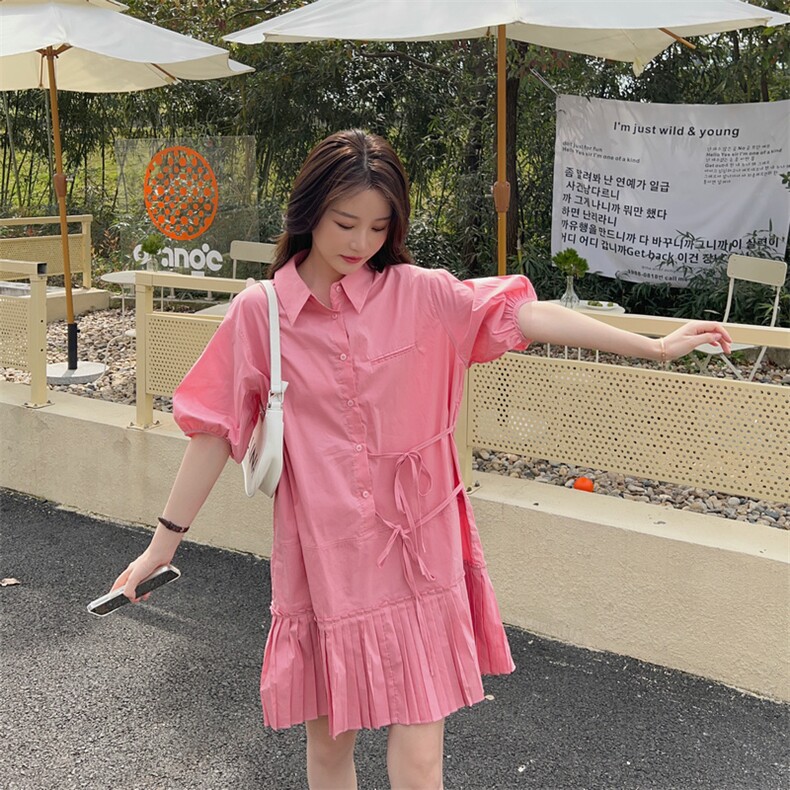 【现货】新款百褶小清衬衫式新款系带宽松版连衣裙女裙子夏短袖,女装连衣裙,韩秀