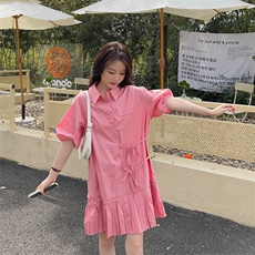 【现货】新款百褶小清衬衫式新款系带宽松版连衣裙女裙子夏短袖，女装连衣裙，韩秀