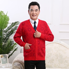 老年人毛衣男爸爸妈妈本命年情侣装爷爷奶奶红色开衫秋冬羊毛外套，男装中老年男装，亚东羊绒制品