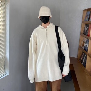 原宿潮流文艺半拉链连帽毛衣男冬季宽松慵懒风针织衫外套男新款图片