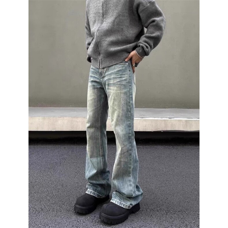 猫须竹节纹水洗蓝色牛仔裤男款休闲百搭宽松直筒微喇长裤NZA263，男装牛仔裤，星座516A