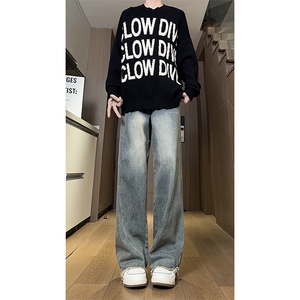 现货 直筒渐变休闲裤女宽松复古蓝毛边牛仔裤男 K5825-P55 控78图片