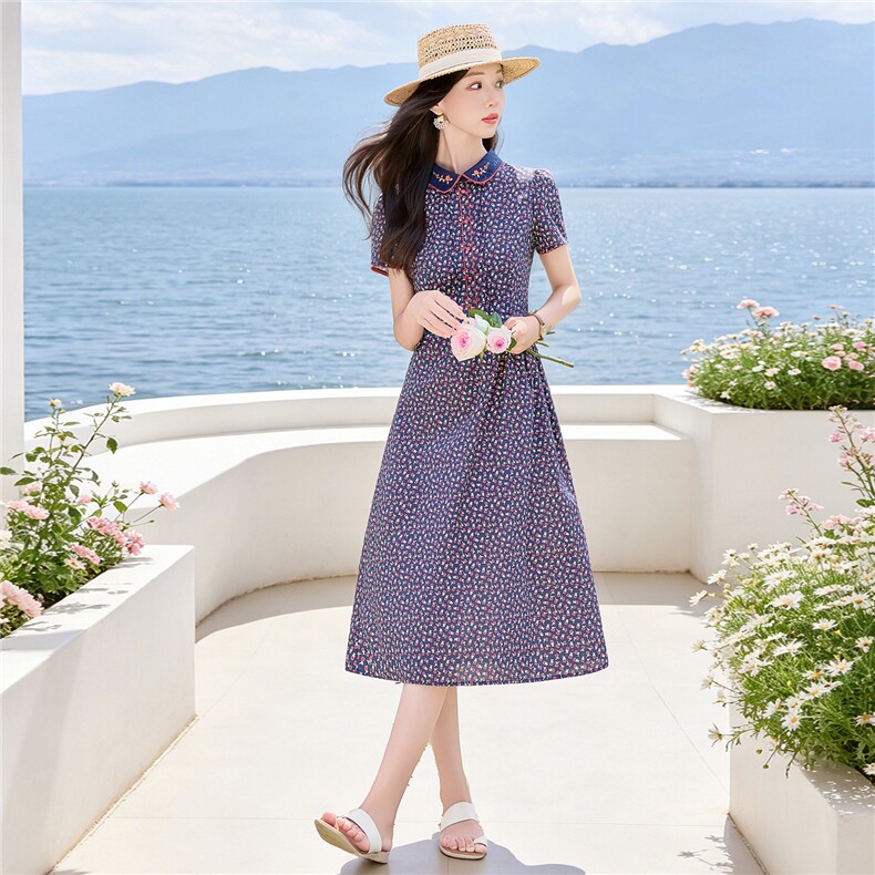田园风碎花刺绣连衣裙女春夏收腰显瘦中长裙（细节图颜色为准）,女装连衣裙,水衣源