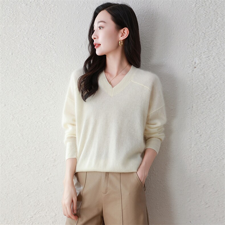 100%纯山羊绒秋冬新款v领拉绒休闲百搭软糯亲肤毛衣，女装羊绒衫，阿舍尔精品
