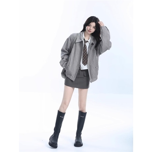 潮美式高级灰色褶皱夹克女cleanfit秋季复古设计感小众宽松外套图片