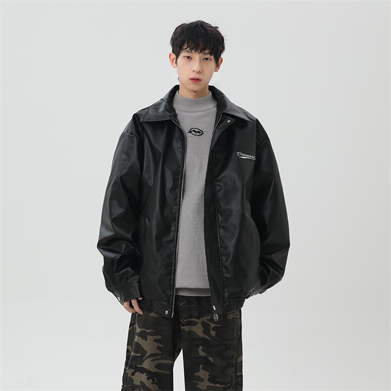 春季新款港风美式刺绣痞帅翻领皮衣夹克男XZ213-JK6000-P70控98,男装夹克,星座213