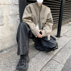 水洗灰色立领牛仔外套男春季复古潮牌拉链短款外套美式哈灵顿夹克图片