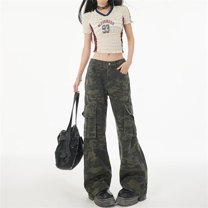 美式复古迷彩微喇叭工装牛仔裤女2025春夏宽松马蹄裤子K6127-P59,男装休闲裤,星座412-3
