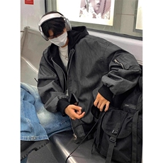 JK8539-P77美式复古飞行员夹克假两件pu皮衣外套男女潮高级感，男装皮衣，电商B323A