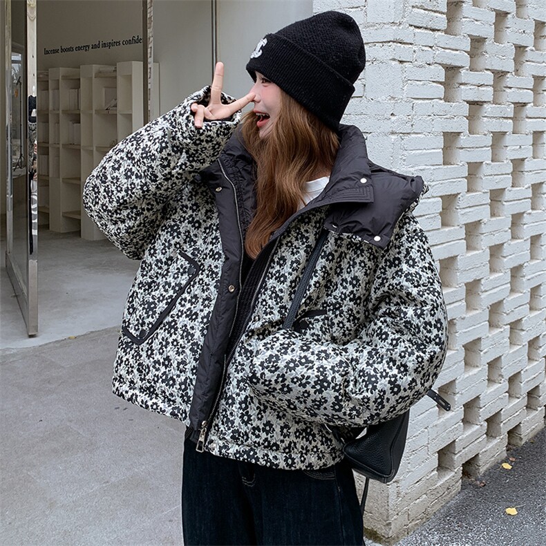 黑白碎花连帽羽绒服女冬超火好看高级小众漂亮短款加厚面包服外套,女装羽绒服,2D080