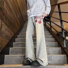 美式男女流星锤裤链刺绣情侣款牛仔裤男款宽松直筒微喇休闲裤TG50，男装休闲裤，星座506