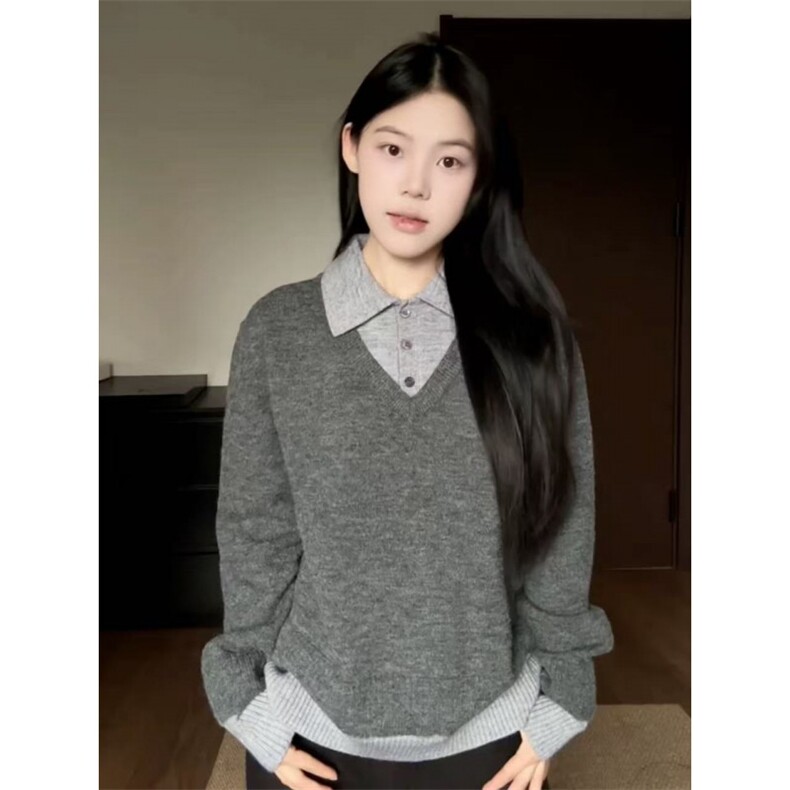 嘉兴产北极绒假两件miu系老钱polo领毛衣针织衫羊毛混纺ZZS13P65，男装针织衫/毛衣，电商D256