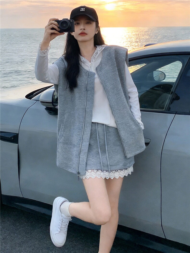 韩版时尚休闲裤裙套装女春款马甲外套连帽T恤蕾丝花边裤裙三件套,女装套装/套裙,江南