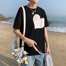 港风夏季T恤衫男韩版潮流短袖宽松爱心情侣装纯棉中袖T121P35控49图片
