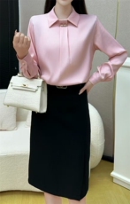粉色衬衫女长袖2025春季新款洋气设计感小众时尚高端缎面上衣，女装衬衫，亿东羊绒